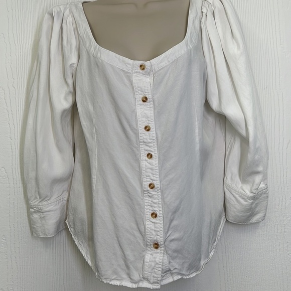 Anthropologie- Maeve White Button Down Puffed Sleeves Blouse Size 8 - Picture 3 of 10